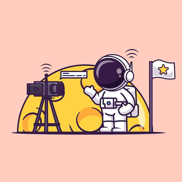 Vecteur gratuit mignon astronaute vlogging sur lune cartoon vector icon illustration. icône de technologie scientifique isolée