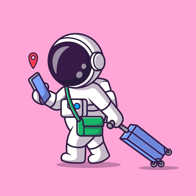 Vecteur gratuit mignon astronaute voyageant avec valise et téléphone cartoon vector icon illustration. vacances scientifiques