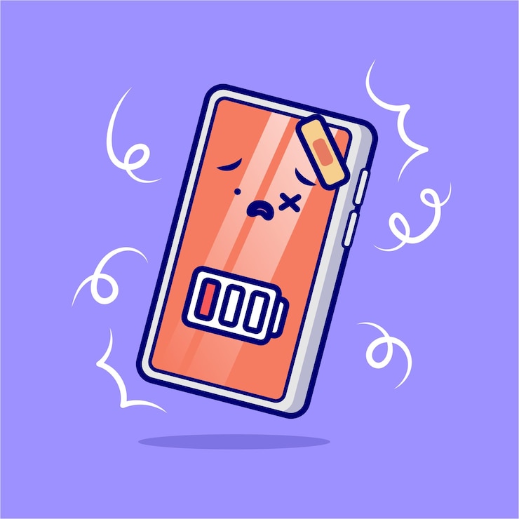 Vecteur gratuit mignon batterie faible cassé cartoon vector icon illustration technologie objet icône concept isolé