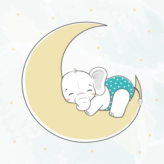 Mignon Bebe Elephant Dort Sur La Main De Dessin Anime De La Couleur De L Eau Vecteur Premium