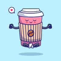 Vecteur gratuit mignon café tasse méditation yoga dessin animé vecteur icône illustration boisson sport icône concept isolé