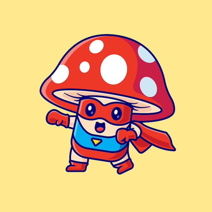Vecteur gratuit mignon champignon super héros dessin animé vecteur icône illustration nourriture vacances icône concept isolé plat