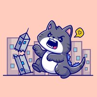 Vecteur gratuit mignon chat en colère dino détruire bâtiment cartoon vector icon illustration. icône de vacances animales isolée