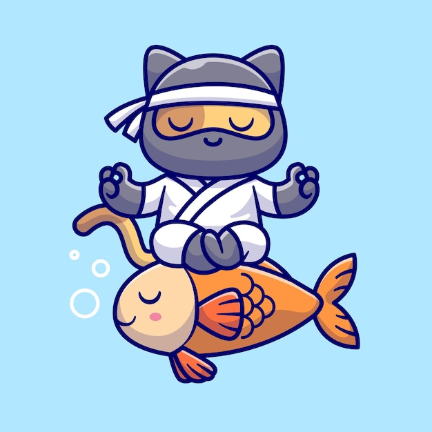 Mignon Chat Ninja Méditation Yoga Sur Illustration D'icône De Vecteur De Dessin Animé De Poisson. Animal De Vacances Isolé