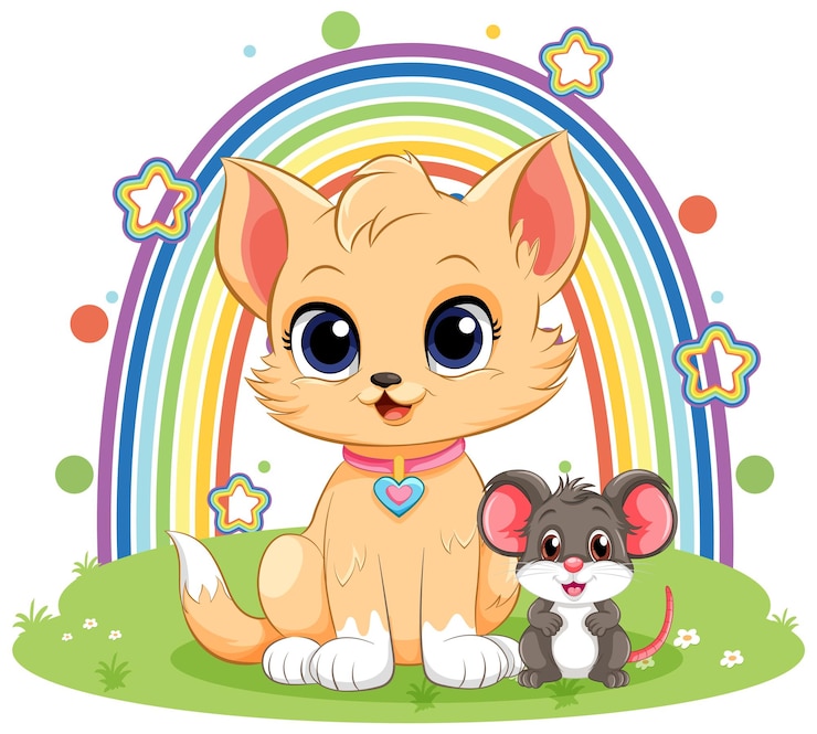 Vecteur gratuit un mignon chat avec une souris dans le style des dessins animés