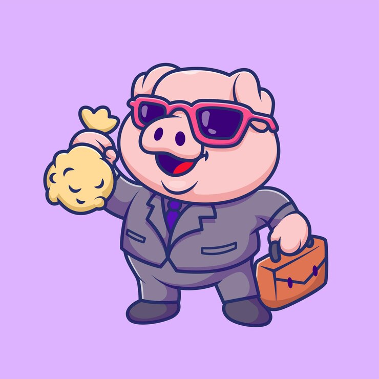 Vecteur gratuit mignon, cochon, homme affaires, tenue, argent, sac, et, valise, dessin animé, vecteur, icône, illustration, animal, finance