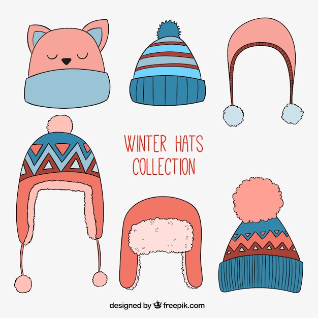 Vecteur gratuit mignon collection de chapeaux d'hiver dans un style dessiné à la main