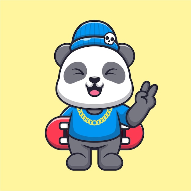 Vecteur gratuit mignon, cool, panda, jouer, planche à roulettes, dessin animé, vecteur, icône, illustration, animal, sport, icône, isolé, plat