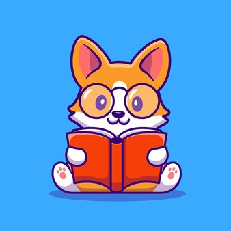 Mignon corgi dog reading book cartoon vector icon illustration. concept d'icône d'éducation animale isolé vecteur premium. style de dessin animé plat