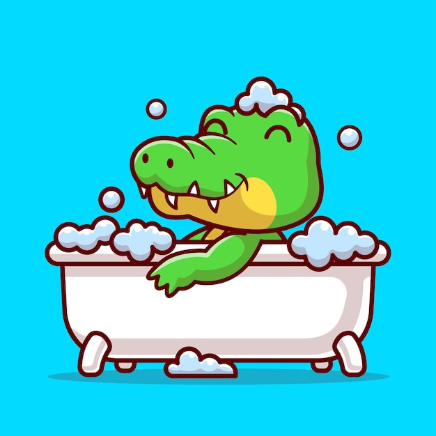 Vecteur gratuit mignon, crocodile, baigner, dans, baignoire, dessin animé, vecteur, icône, illustration, animal, nature, icône, isolé