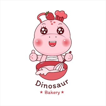 Mignon dinosaure licorne cuisinant un gâteau aux fraises pour le magasin de logo de boulangerie