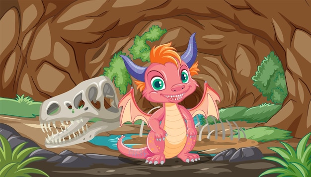 Vecteur gratuit le mignon dragon dans une grotte préhistorique