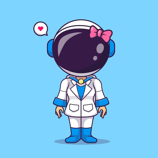 Vecteur gratuit mignon, femme, astronaute, debout, à, ruban, dessin animé, vecteur, icône, illustration, science, technologie, icône