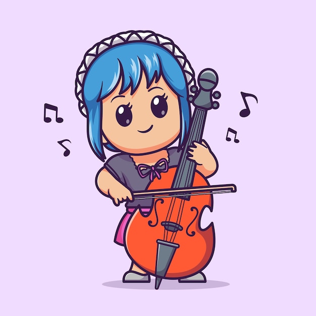 Vecteur gratuit mignon, femme, jouer, violoncelle, violon, dessin animé, vecteur, icône, illustration, gens, musique, icône, concept, isolé