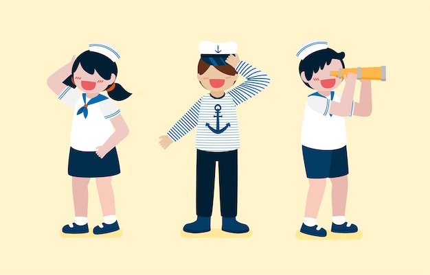 Vecteur gratuit mignon garçon et fille portant l'uniforme de marin, garçon utilise des jumelles pour regarder loin, en personnage de dessin animé