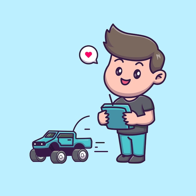 Mignon garçon jouant jouet voiture télécommande dessin animé vecteur icône illustration. Technologie de personnes isolée