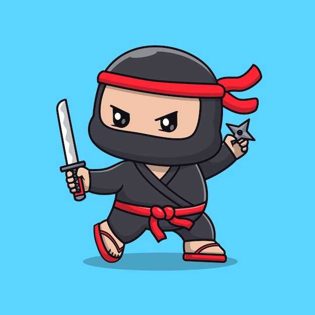 Vecteur gratuit mignon, ninja, combattant, tenue, épée, et, shuriken, dessin animé, vecteur, icône, illustration, gens, vacances, plat