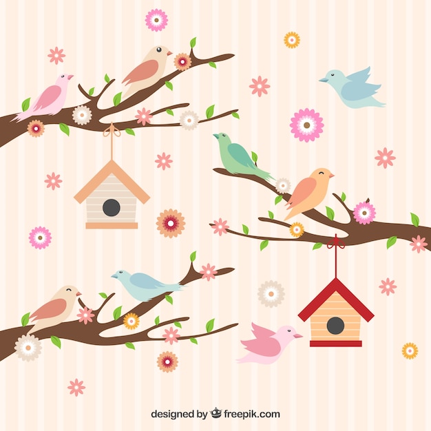 Vecteur gratuit mignon oiseaux sur une des branches avec des fleurs