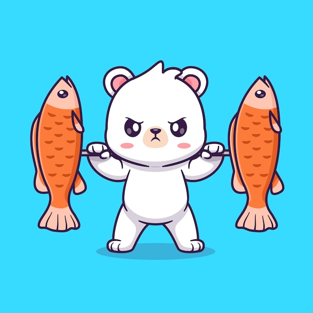 Mignon, Ours Polaire, Levage, Fish, Barbell, Dessin Animé, Vecteur, Icône, Illustration, Animal, Nature, Icône, Isolé