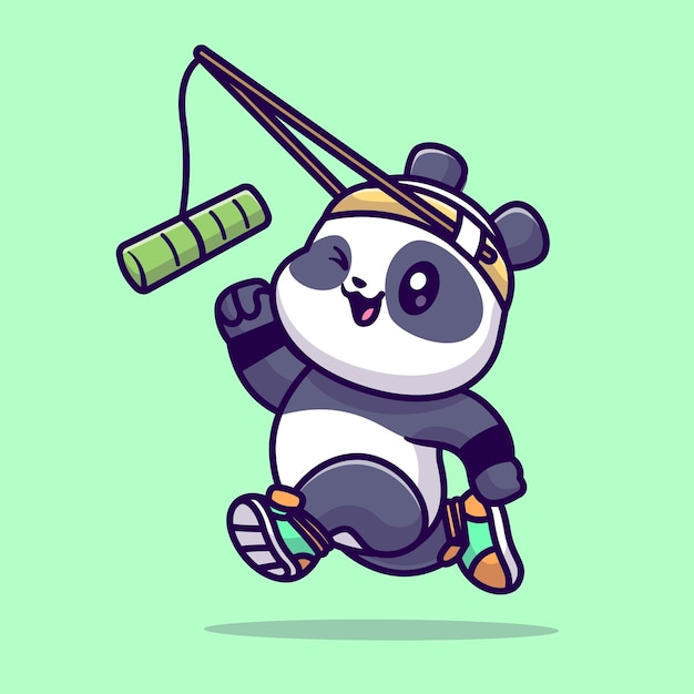 Vecteur gratuit mignon, panda, course, chasser, bambou, dessin animé, vecteur, icône, illustration, animal, sport, icône, concept, isolé