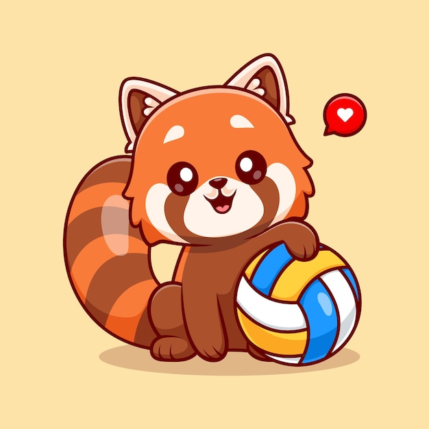 Vecteur gratuit mignon, panda rouge, tenue, volley-ball, dessin animé, vecteur, icône, illustration, animal, sport, icône, isolé, plat