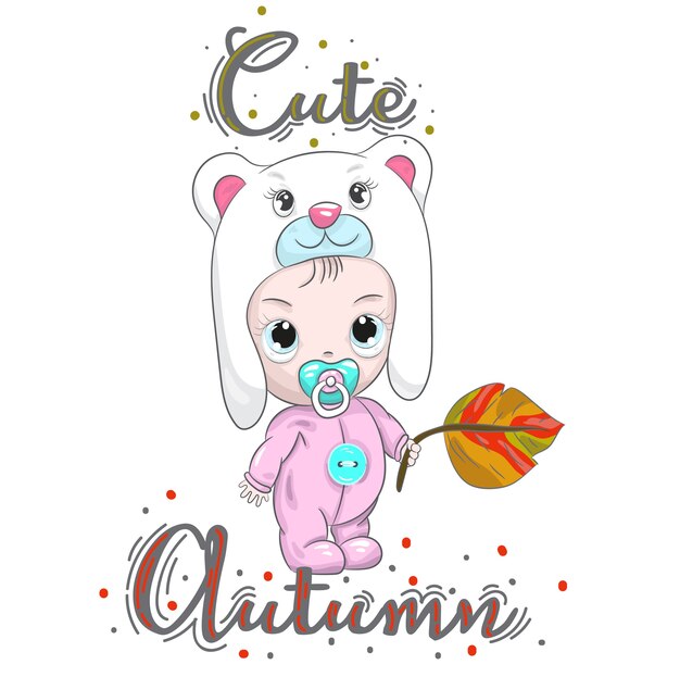 Mignon Petit Bebe Garcon Tenant Dessin De Dessin Anime De Feuille Automne Vecteur Premium