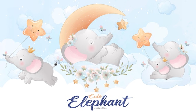 Mignon petit éléphant avec jeu d'illustration aquarelle