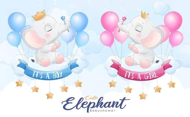 Vecteur gratuit mignon petit éléphant volant avec illustration aquarelle ballon