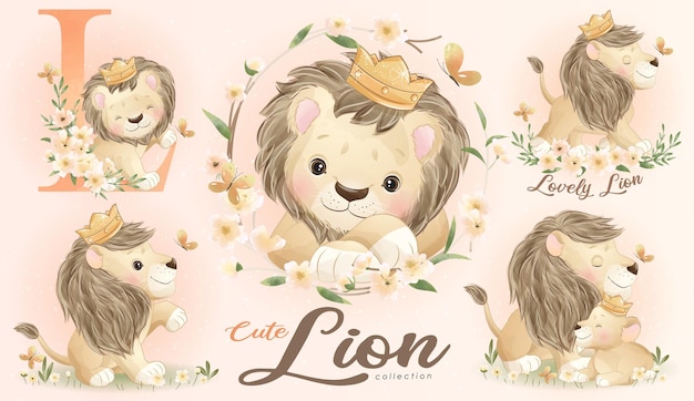 Vecteur gratuit mignon petit lion avec jeu d'illustration aquarelle