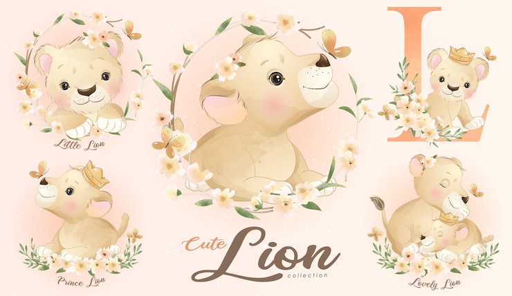 Vecteur gratuit mignon petit lion avec jeu d'illustration aquarelle