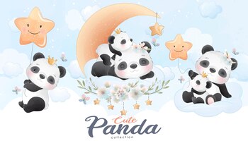Vecteur gratuit mignon petit panda avec jeu d'illustration aquarelle
