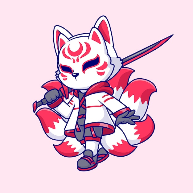 Vecteur gratuit mignon renard kitsune guerrier tenant épée katana dessin animé vecteur icône illustration animal vacances plat