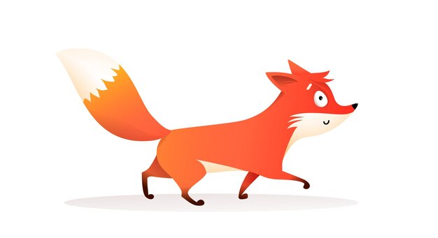 Mignon Renard Roux Marchant Drole De Bande Dessinee Pour Les Enfants D Un Renardeau Sauvage Avec Une Queue Touffue En Mouvement Vecteur Premium