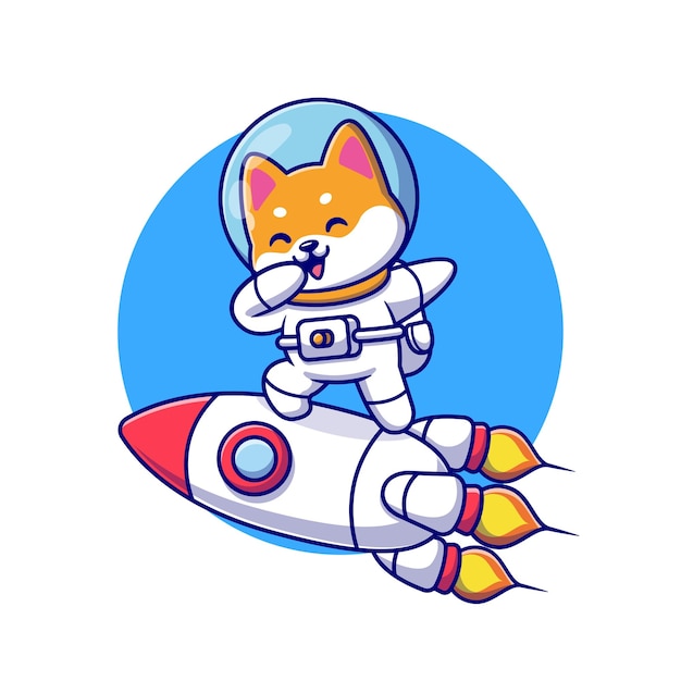 Vecteur gratuit mignon shiba inu chien astronaute tamponnant sur fusée dessin animé vecteur icône illustration animal science plat