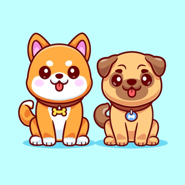 Vecteur gratuit mignon shiba inu chien et carlin chien ami dessin animé vecteur icône illustration animal nature isolé plat