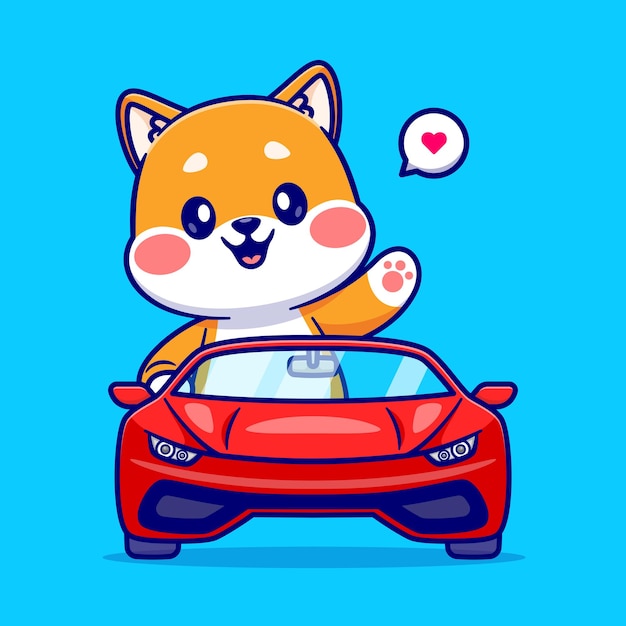 mignon, shiba inu, chien, conduite, voiture, dessin animé, vecteur, icône, illustration, animal, transport, icône, isolé