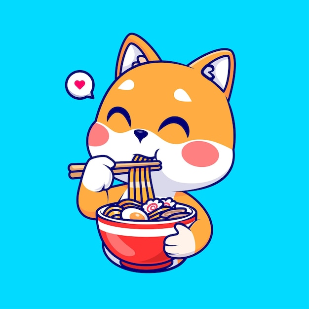 Vecteur gratuit mignon shiba inu chien mangeant des nouilles ramen dessin animé vecteur icône illustration icône de nourriture animale isolé