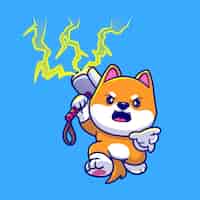 Vecteur gratuit mignon shiba inu dog holding hammer lightning cartoon vector icon illustration. icône de vacances animales
