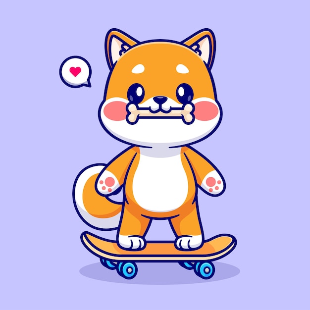 Vecteur gratuit mignon, shiba inu, mordre, os, sur, planche à roulettes, dessin animé, vecteur, icône, illustration, animal, sport, icône, isolé