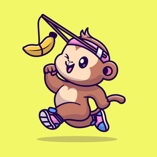 Vecteur gratuit mignon, singe, course, chasser, banane, dessin animé, vecteur, icône, illustration, animal, sport, icône, concept, isolé