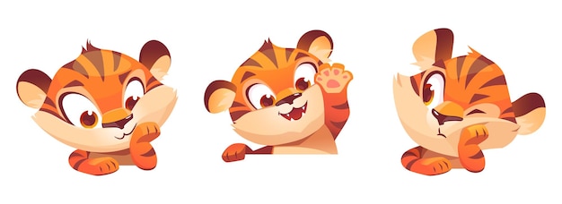 Vecteur gratuit mignon tigre dessin animé personnage drôle animal cub mascotte avec museau kawaii exprimer des émotions sourire ennuyeux et agitant la patte chaton sauvage à la peau rayée orange isolé sur fond blanc ensemble de vecteurs