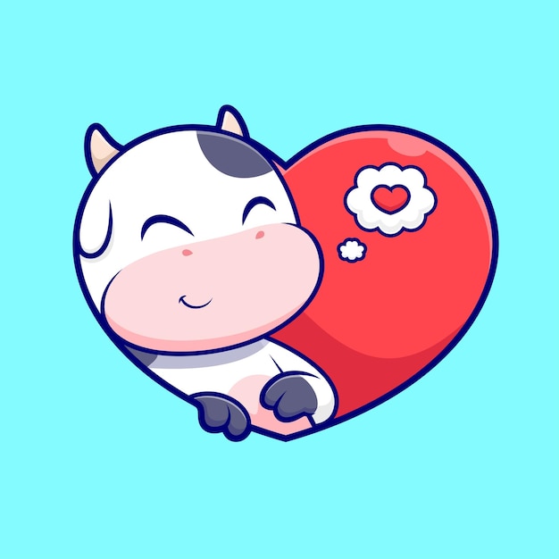 Vecteur gratuit mignon, vache, amour, coeur, signe, dessin animé, vecteur, icône, illustration, animal, vacances, icône, concept, isolé, plat