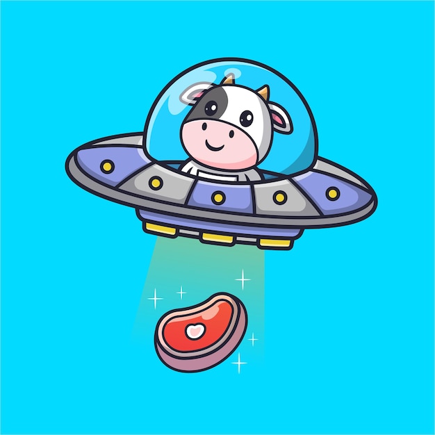 Vecteur gratuit mignon, vache, astronaute, conduite, ufo, attraper, viande, steak, dessin animé, vecteur, icône, illustration, nourriture animale