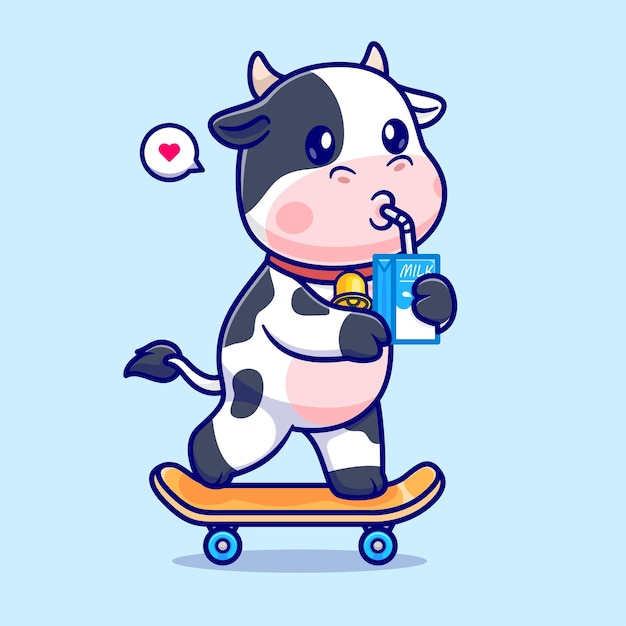 Vecteur gratuit mignon, vache, boire, lait, sur, planche à roulettes, dessin animé, vecteur, icône, illustration, animal, sport, icône, isolé