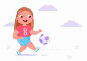 Vecteur gratuit mignonne petite fille jouant au football à l'extérieur sur l'herbe avec un ballon de foot.