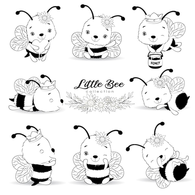 Vecteur gratuit mignonnes petites abeilles pose avec collection de contours