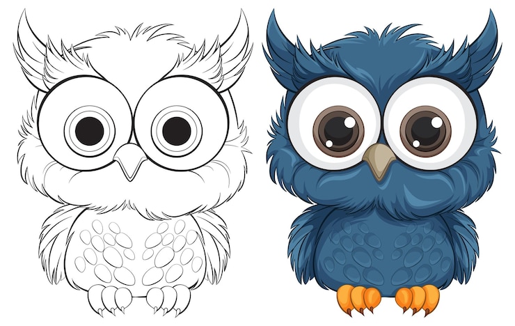 Vecteur gratuit les mignons hiboux des dessins animés en couleurs et en contour