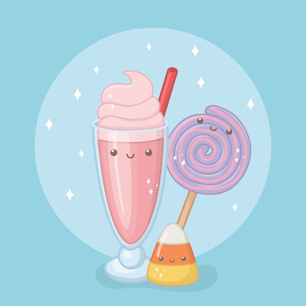 Vecteur gratuit milkshake délicieux et doux et produits caractères kawaii