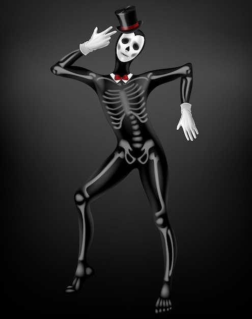 Mime en mort ou décédé costume serré avec os squelette, crâne dessin sur tissu noir, chapeau haut de forme, gants blancs 3d vecteur réaliste. Fête d&#39;Halloween, illustration du costume du festival Mexican Day of Dead