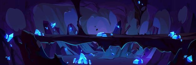 Vecteur gratuit mine souterraine avec fond vectoriel cristal graphique de grotte sombre avec pierre brillante sur un paysage effrayant trésor mystérieux à l'intérieur de la montagne sous la caverne souterraine panorama de niveau de jeu préhistoire